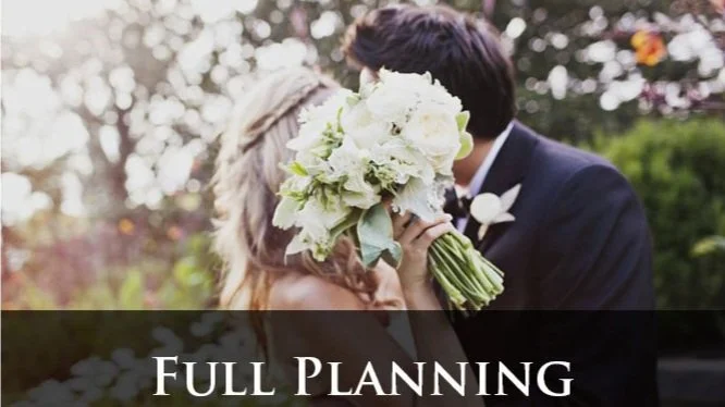A bride and groom kissing outdoors, the bride holding a bouquet in front of her face, with the text 'Full Planning' at the bottom.