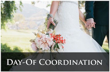 Close-up of a bride and groom holding hands, the bride holding a bouquet of pink and white flowers, with a landscape background, and text "Day-Of Coordination" at the bottom.