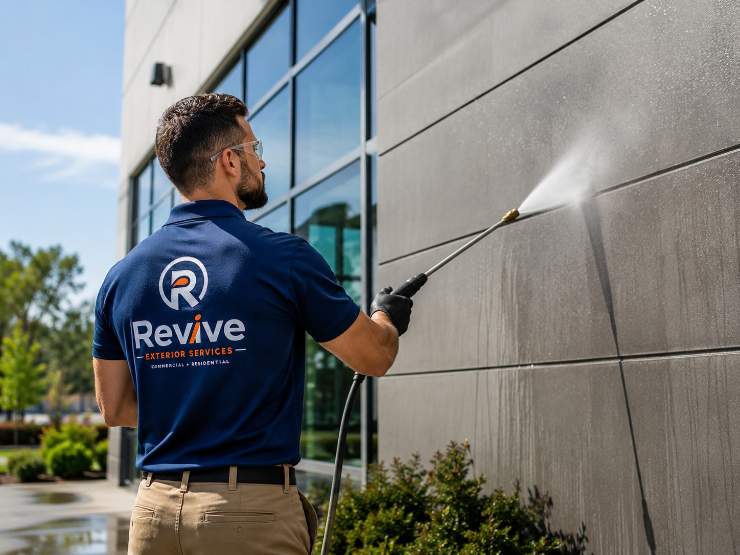 A man wearing a navy blue shirt with 'Revive Exterior Services' logo washing an exterior wall of a building with a pressure washer.