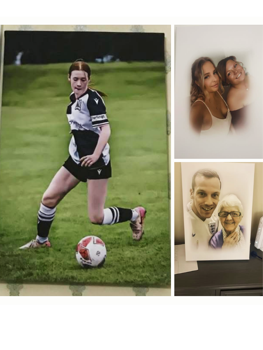 A collage of three printed photographs. The largest photo shows a person with a sports jersey and shorts, kneeling on grass with a soccer ball. The top right photo features two women taking a selfie, smiling. The bottom right photo shows a man and an elderly woman smiling together for a portrait.