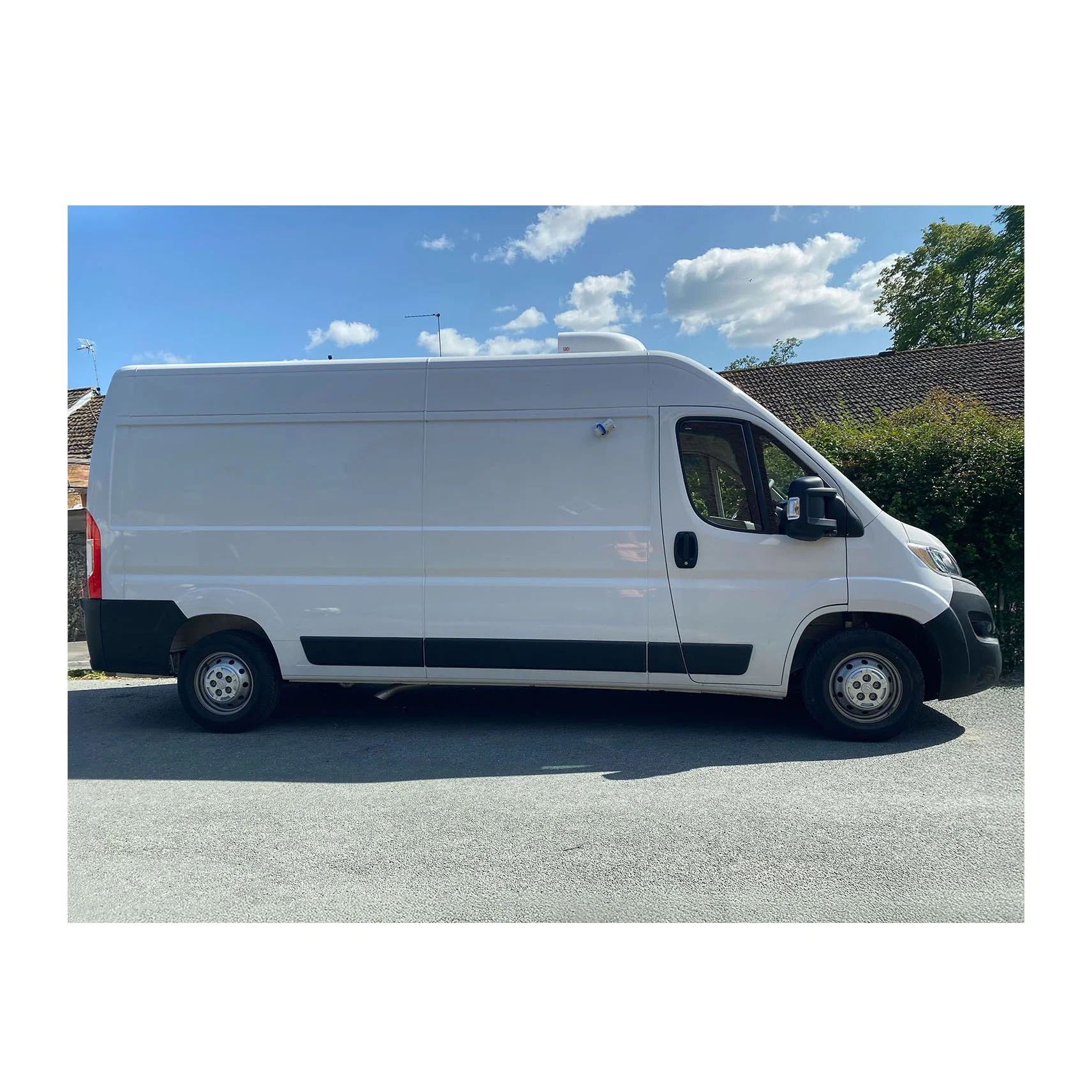 White cargo van parked on the street with trees and houses in the background on a sunny day.