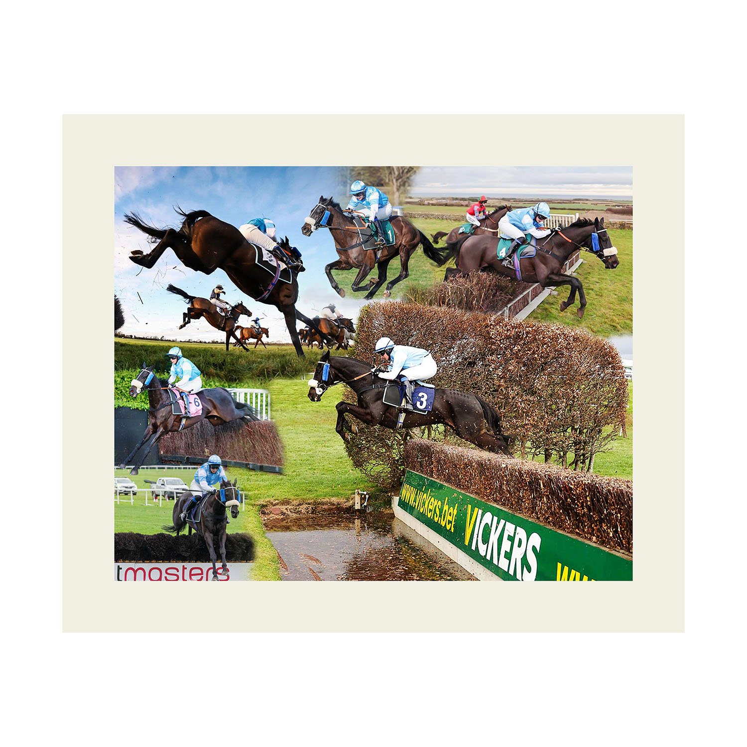 Collage of horse racing scenes including horses jumping fences and running on grass with jockeys in colorful silks, set against outdoor racecourse backgrounds.