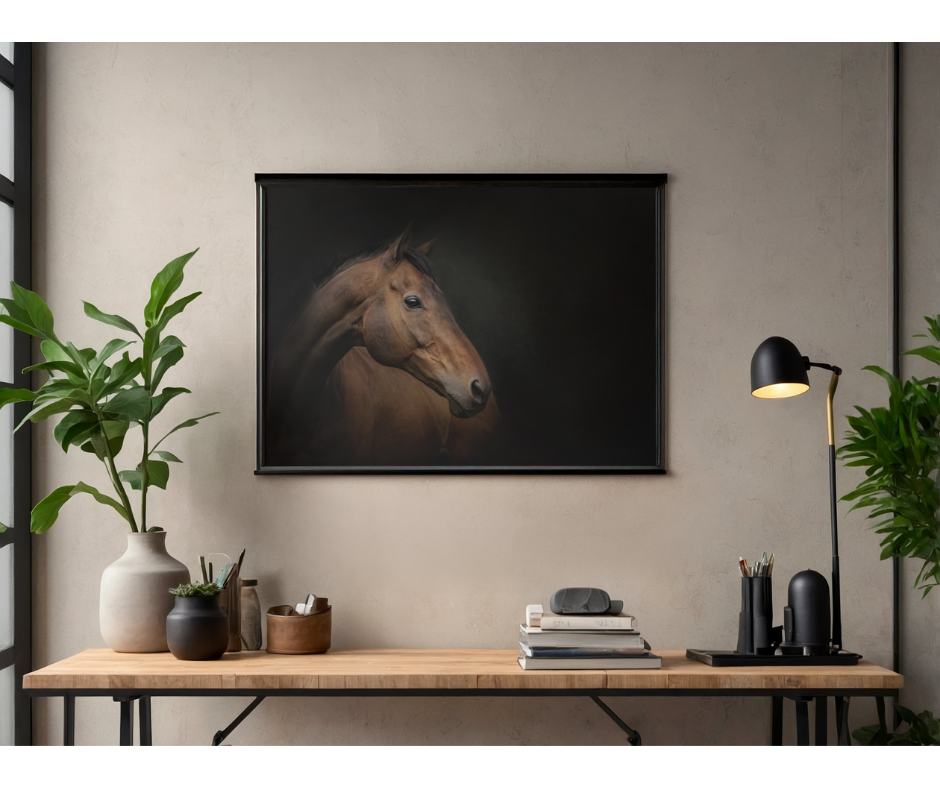 Interior office desk with potted plants, a lamp, books, and stationery in front of a wall with framed horse portrait painting.