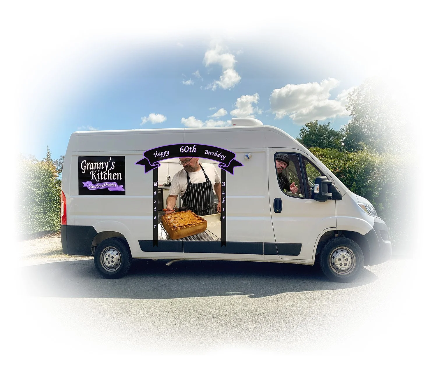 A white delivery van with a sign for Granny's Kitchen bakery and a sticker celebrating a 60th birthday. The van is parked outdoors with a chef and a customer visible through the side window. The chef is holding a large tray of baked goods, and the customer is giving a thumbs-up.