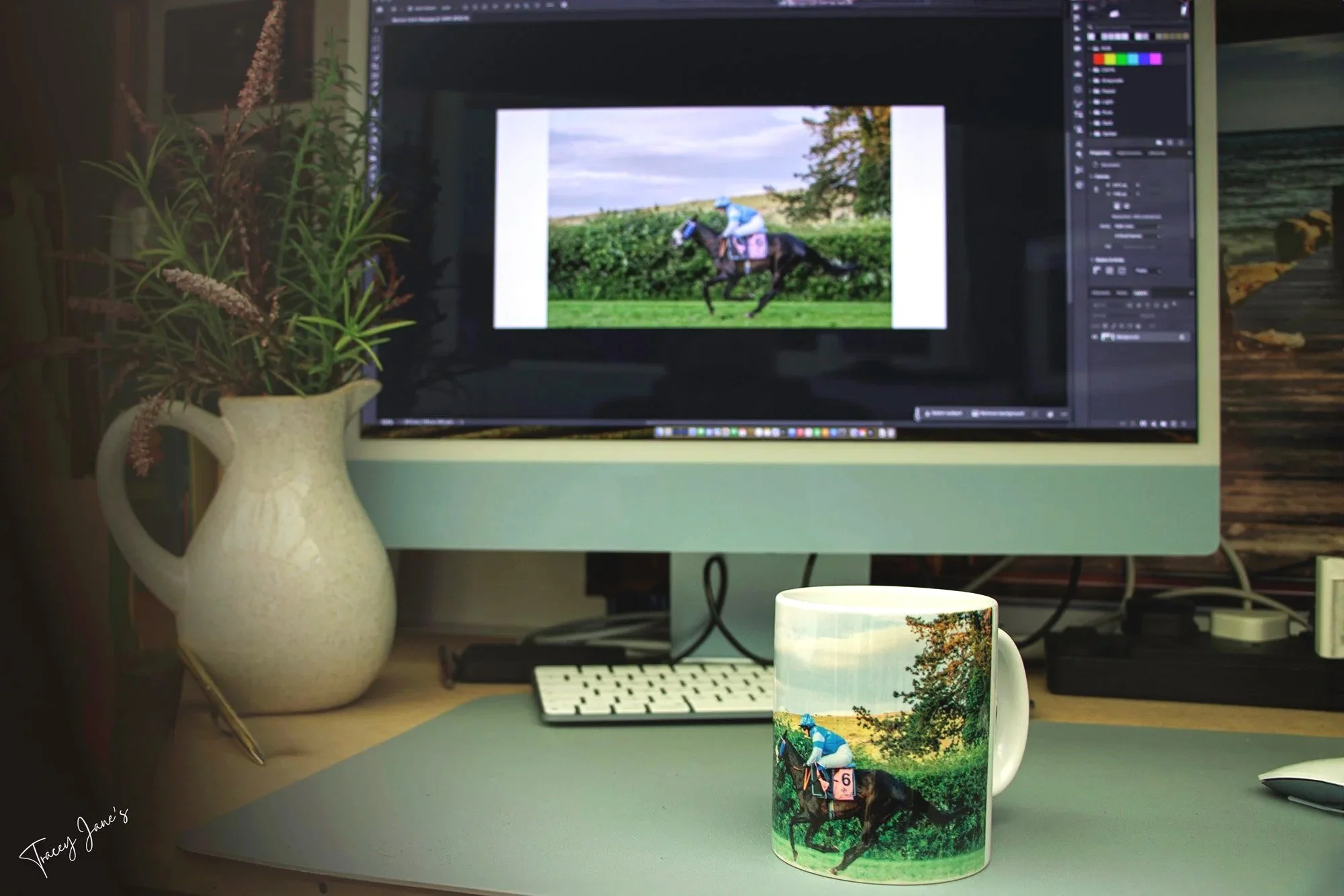 Computer monitor displaying a photo of a horse and rider, with a mug featuring the same image in front.