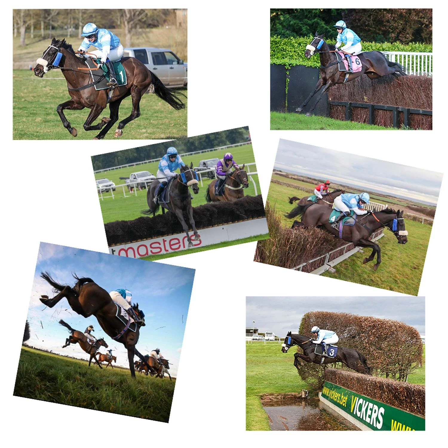 Collage of six pictures showing horse racing events with jockeys riding horses over fences and hurdles on a racecourse.