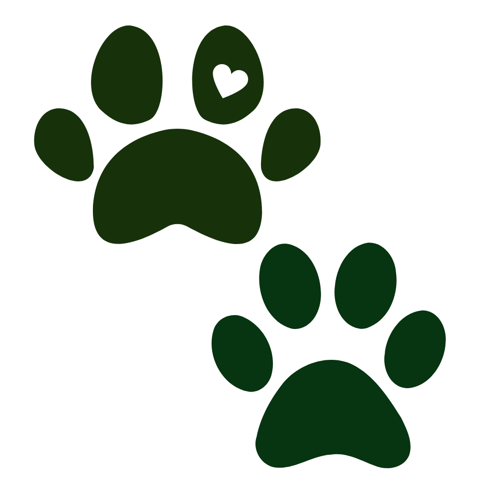 Two dark green paw prints, with the top paw print featuring a small black heart inside one of the pads.