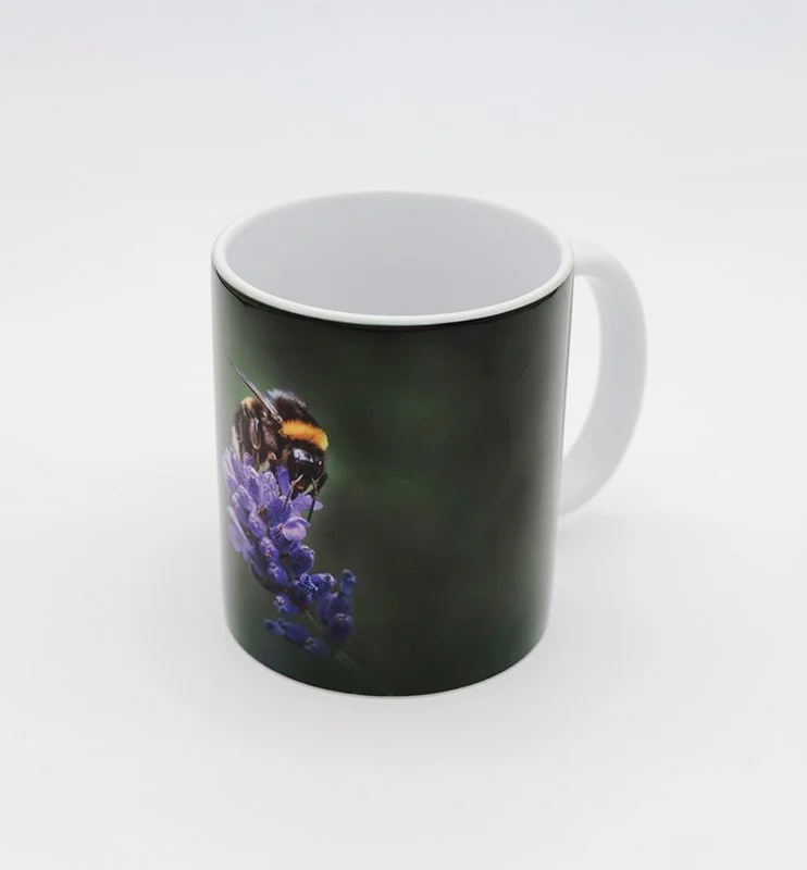 White ceramic mug with a picture of a bee on a purple flower against a dark background.