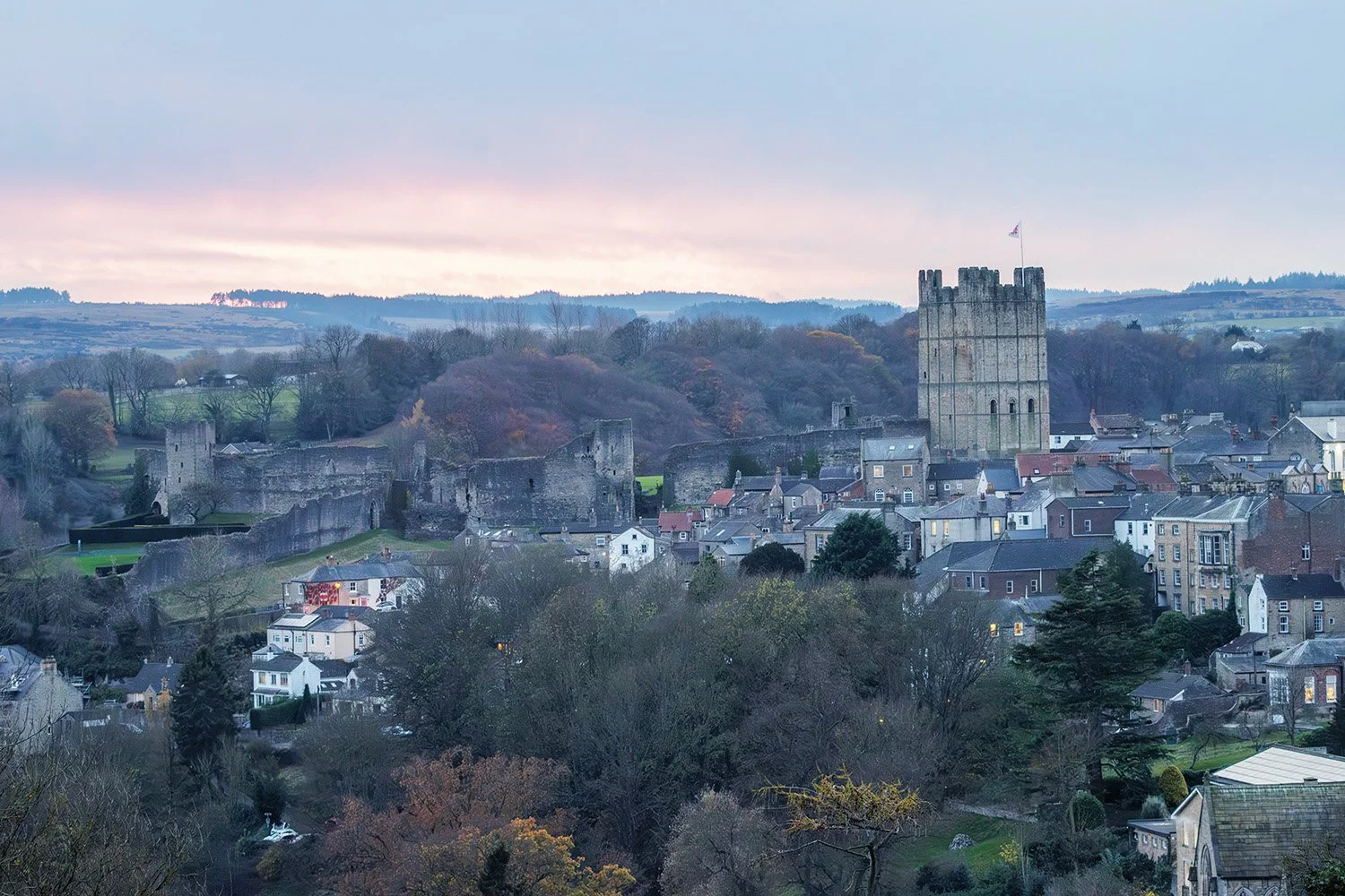 A view of Richmond, North Yorkshire.  The time this was taken was at sunset and highlights Richmond Castle.
