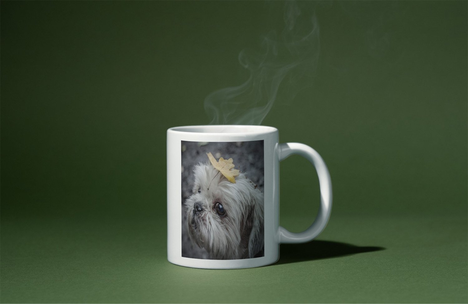 White mug with a picture of a cute, fluffy dog with a yellow leaf on its head, placed on a green surface with steam rising from the hot beverage inside.