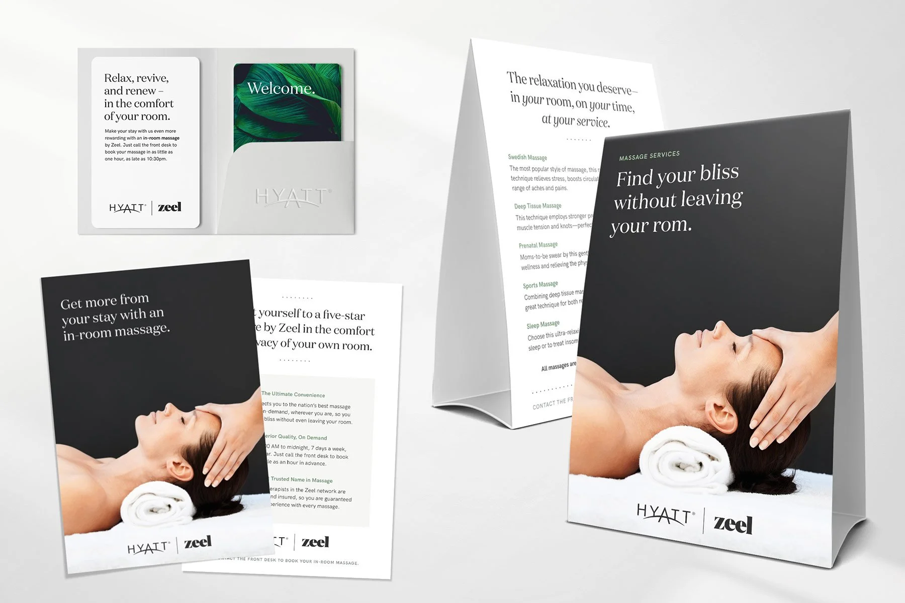 Collateral assets for Zeel Guest, a concierge platform facilitating in-room services for hotel guests.