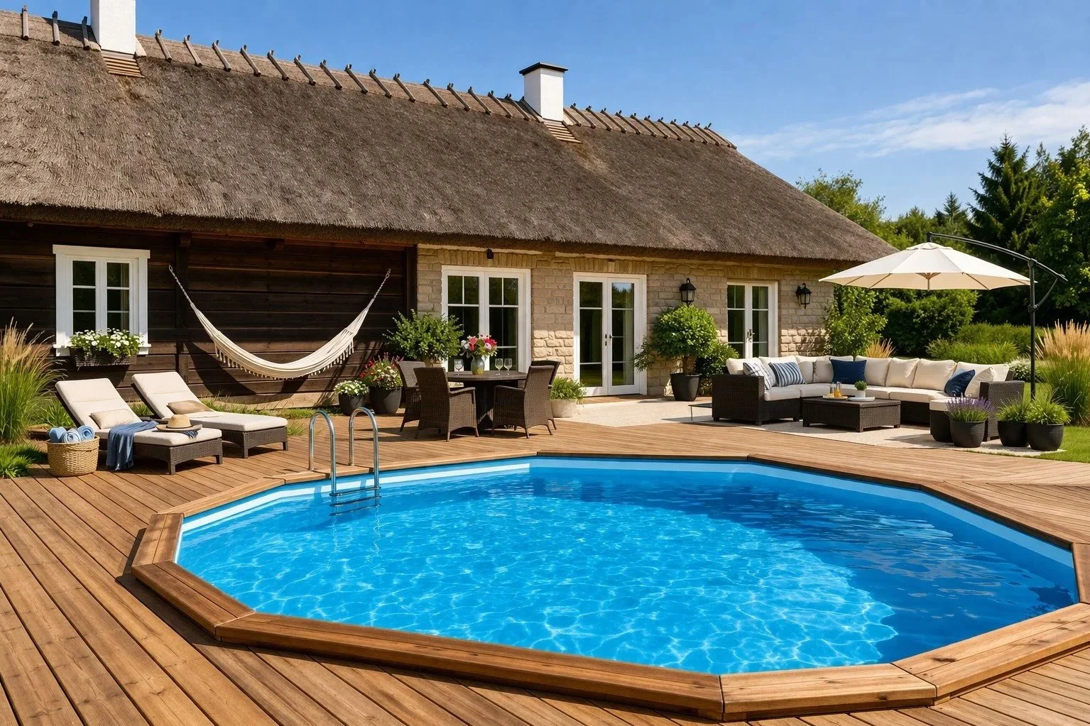 bassein terrassi ja kattega pere kasutuses