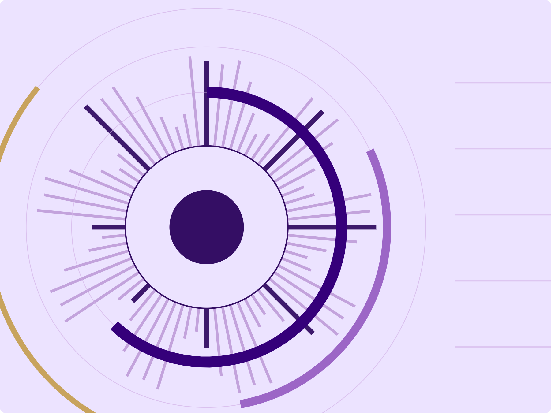 A digital abstract interface with circular, radial, and segmented elements in shades of purple, black, and gold against a light purple background.