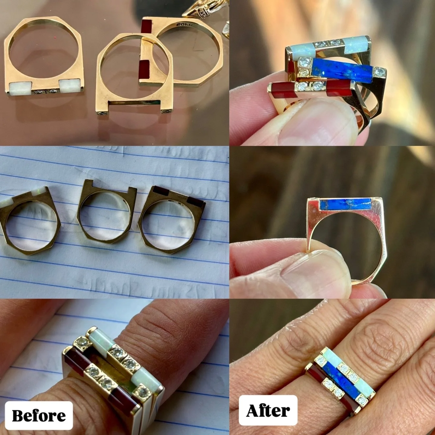 This unique 3-ring inlay set was my client&rsquo;s favorite piece from her mother&rsquo;s collection. She remembers it so vividly. Over the years, the lapis stone fell out, and the rings have sat for years. 

No need to worry! MCK has a lapidary cutt