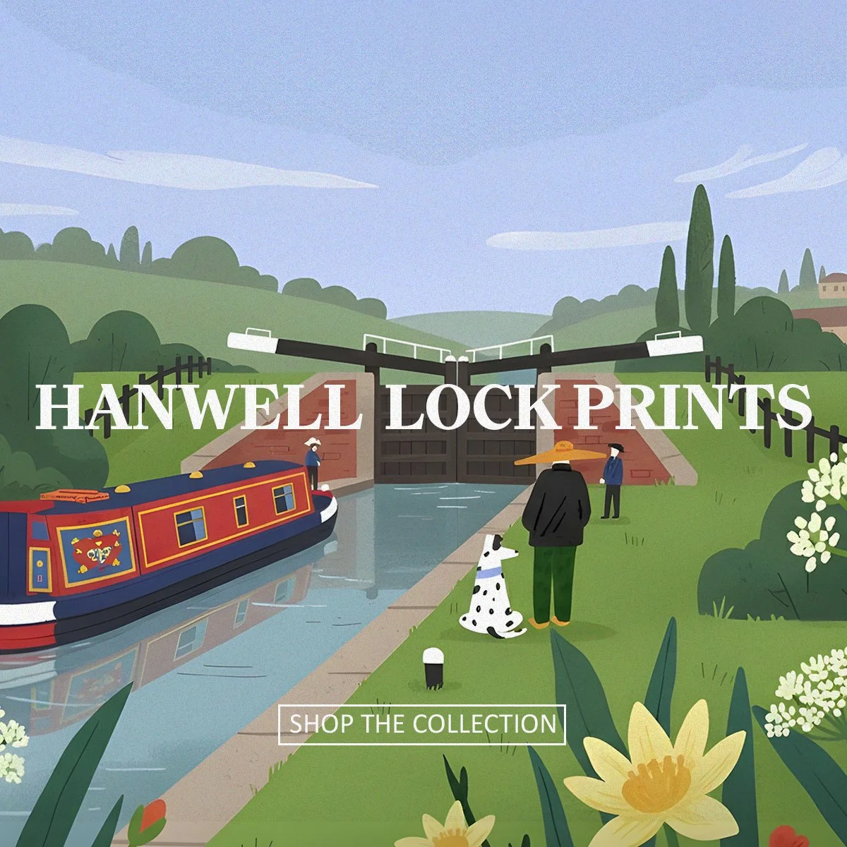 Illustration of a canal with a boat, a lock gate, and two people standing nearby, surrounded by greenery and flowers, with a cloudy sky.