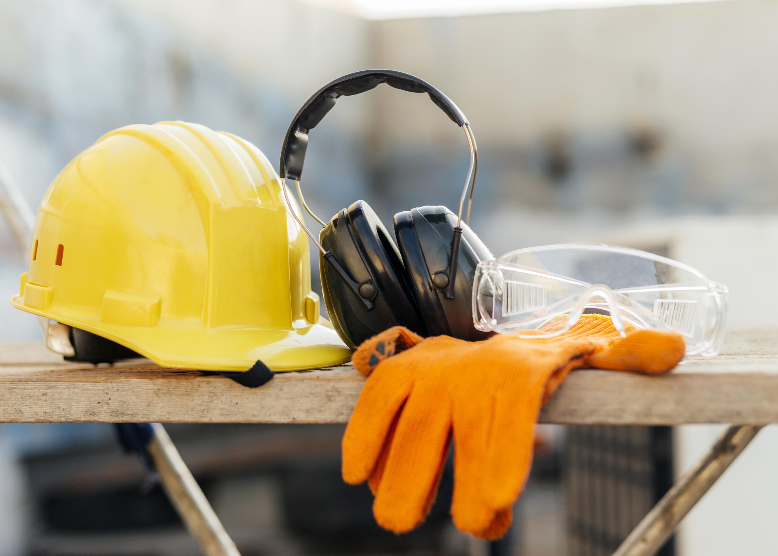 Construction safety gear including a yellow hard hat, black protective ear muffs, transparent safety goggles, and orange work gloves on a wooden surface.