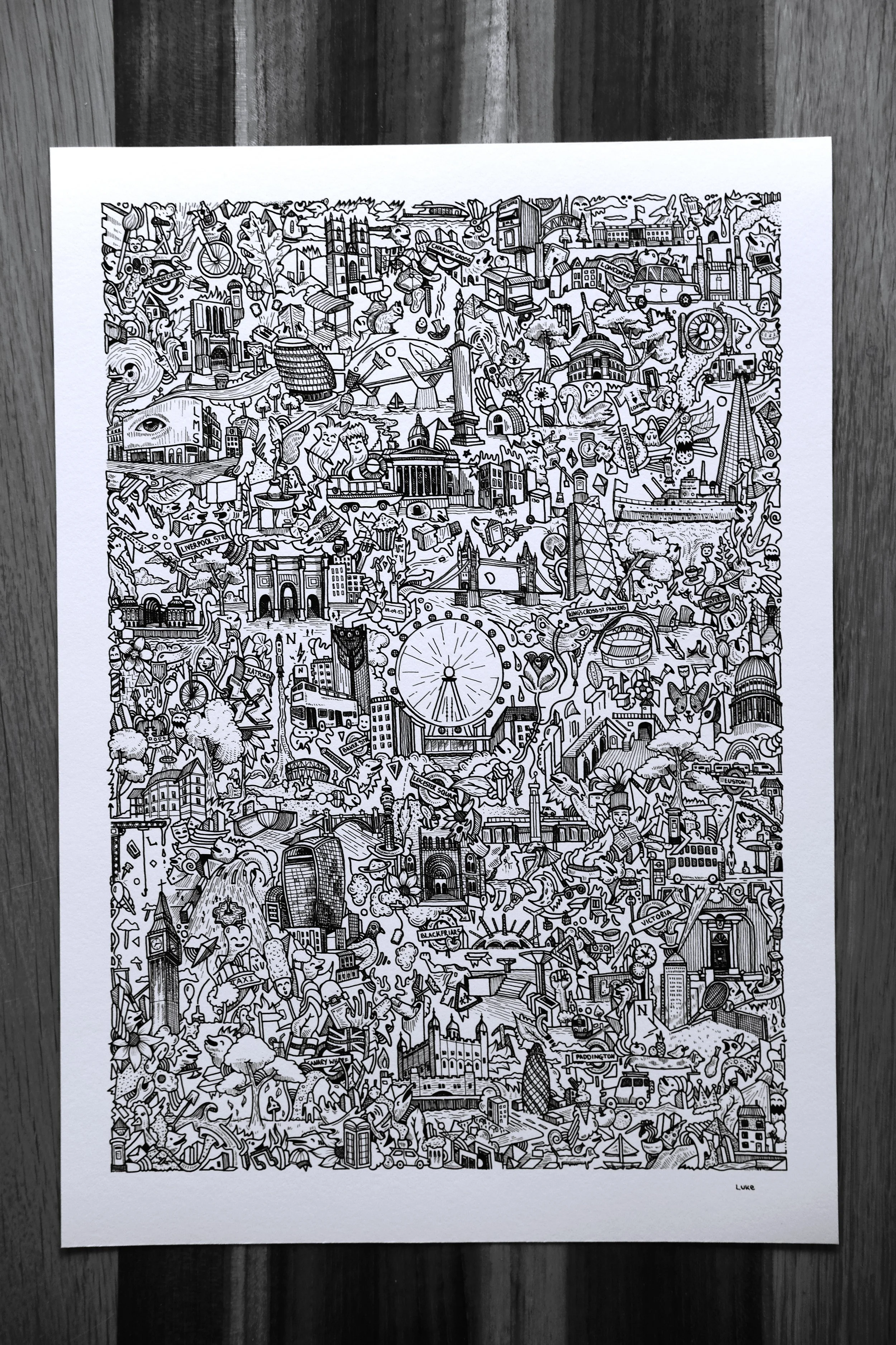 "The London Doodle" A hand drawn doodle including 36 London landmarks, 16 tube stations, and a bunch of typically british/London themed objects (2023)