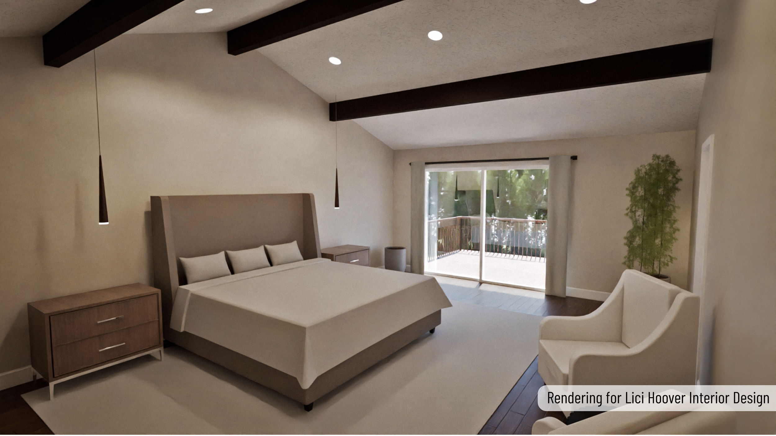 Living room with a bed, nightstands, a white armchair, and sliding glass doors leading to a balcony with outdoor greenery.