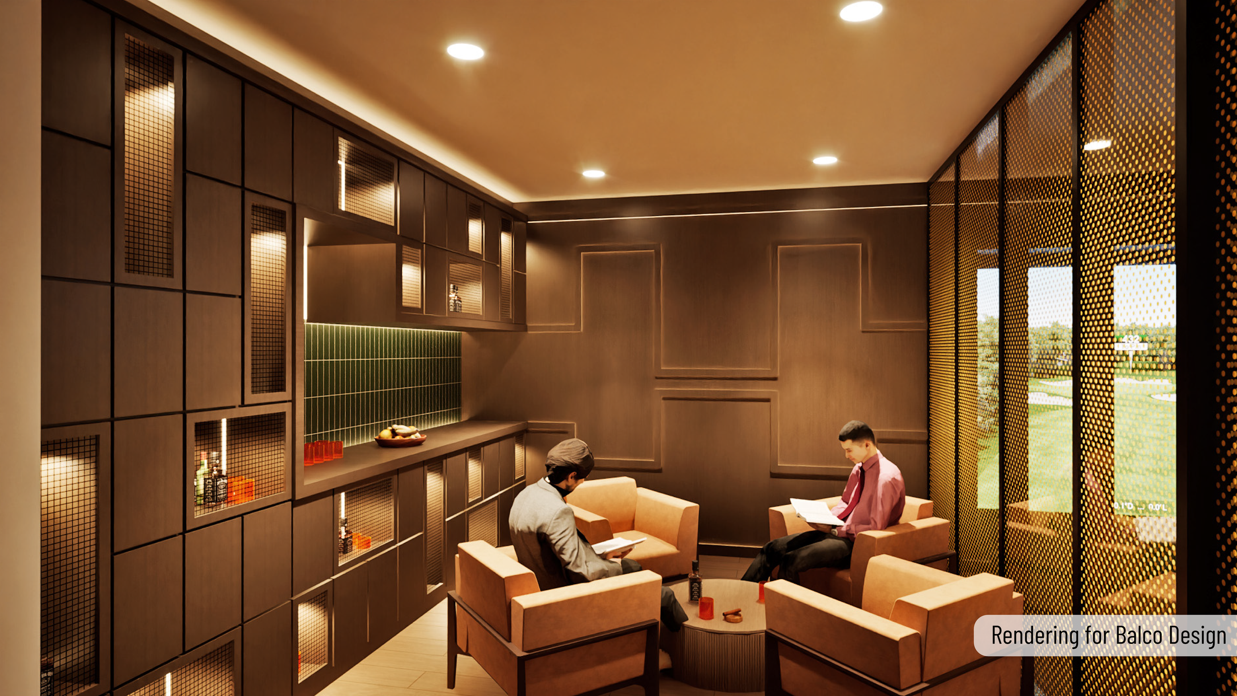 Rendering of a modern lounge with two men sitting on beige chairs around a circular coffee table, reading. The room features dark wood paneling, built-in shelves with glasses and bottles, green tiled backsplash, and some large windows with patterned 