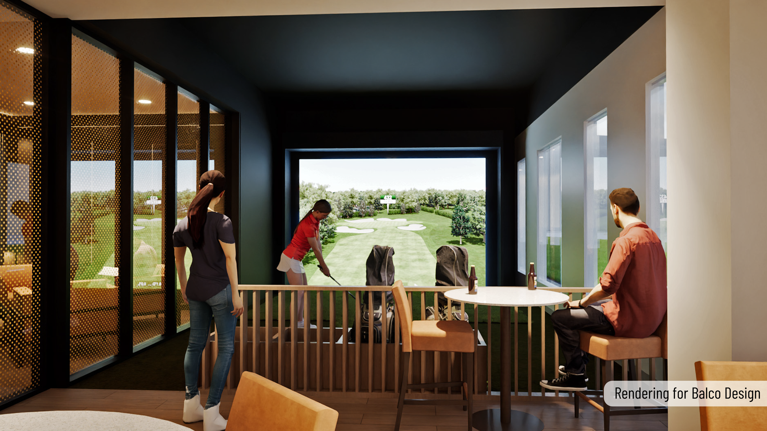 People at an indoor golf simulator, with one person swinging a golf club, a woman watching, and a man sitting at a table, with large windows showing a golf course outside.