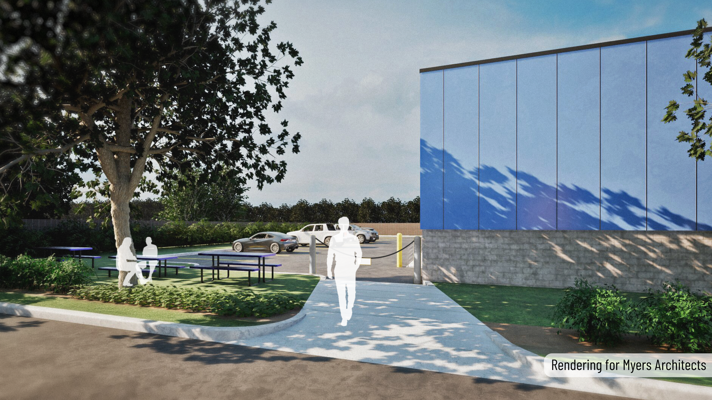 Rendering of an outdoor park area with trees, picnic tables, and a walkway leading to a parking lot with cars. The scene includes silhouettes of people sitting, walking, and standing.