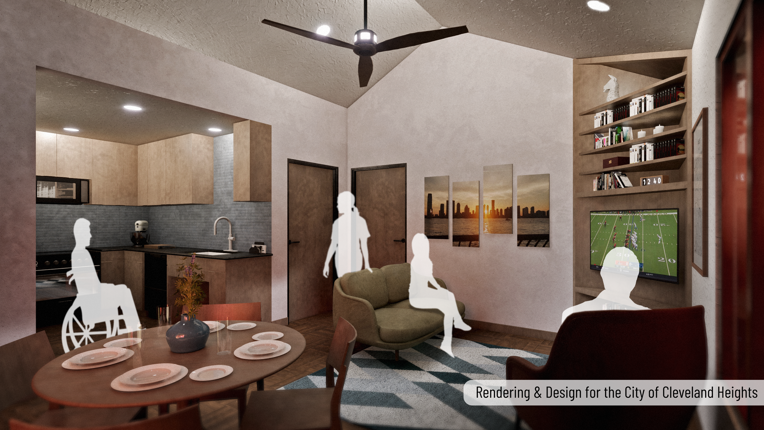 Living room and kitchen interior with furniture, wall art, and a television showing a football game, with overlay silhouettes of people.