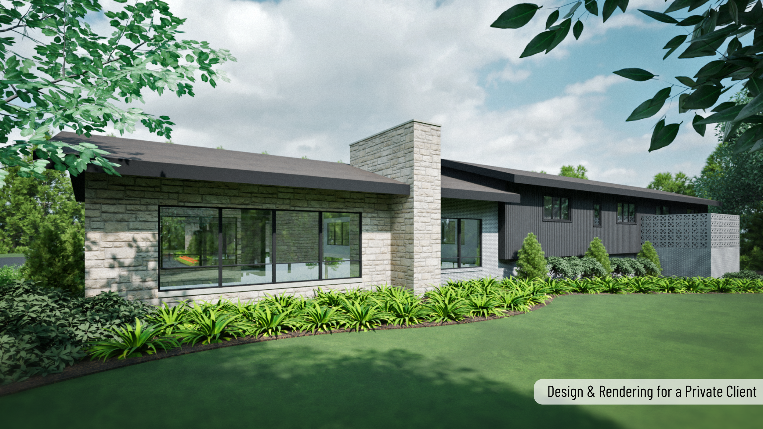 A modern single-story house with stone and dark siding exterior, large windows, a chimney, landscaped green lawn and shrubbery, surrounded by trees under a cloudy sky.