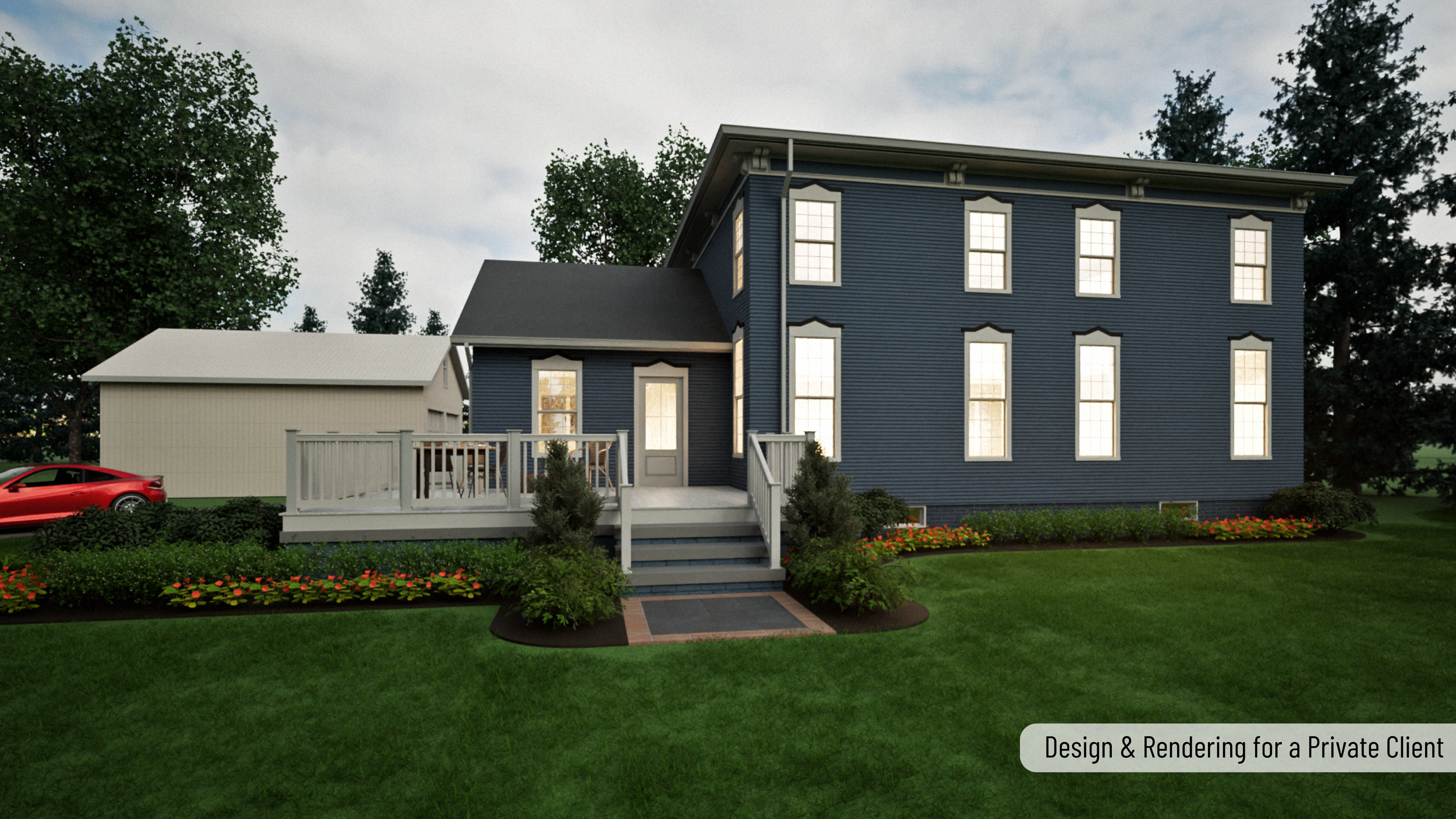 Rendering of a two-story blue house with a porch, surrounded by a well-manicured lawn and flower beds, with a detached white garage and trees in the background.