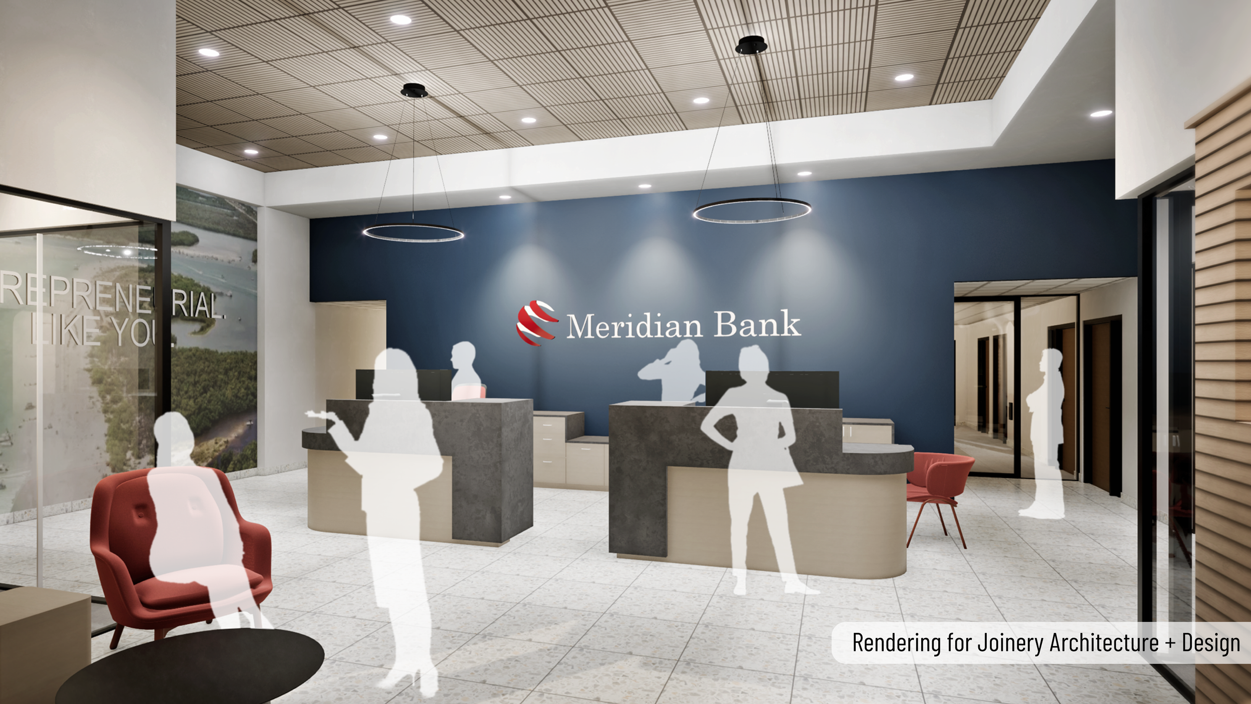 Interior of a bank from Meridian Bank with a modern design, multiple counters, seating, and people using their phones.