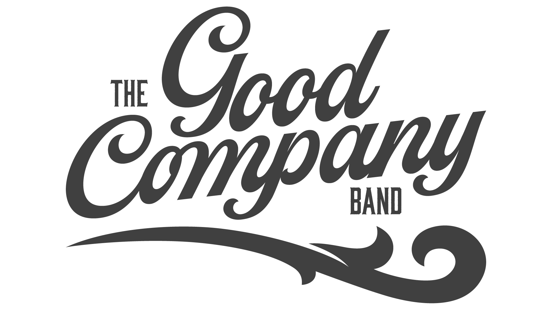 Logo of The Good Company Band with stylized text and decorative swoosh.