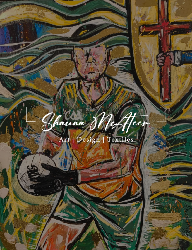 Abstract painting of a female soccer player holding a ball, with a shield and cross in the background, using bright colors and textured brushstrokes.