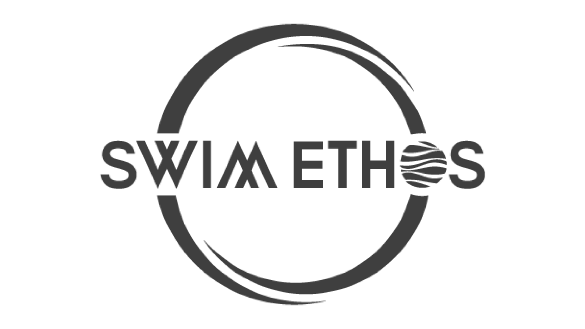Logo for Swim Ethos with stylized text and an abstract design of a sphere and wavy lines.