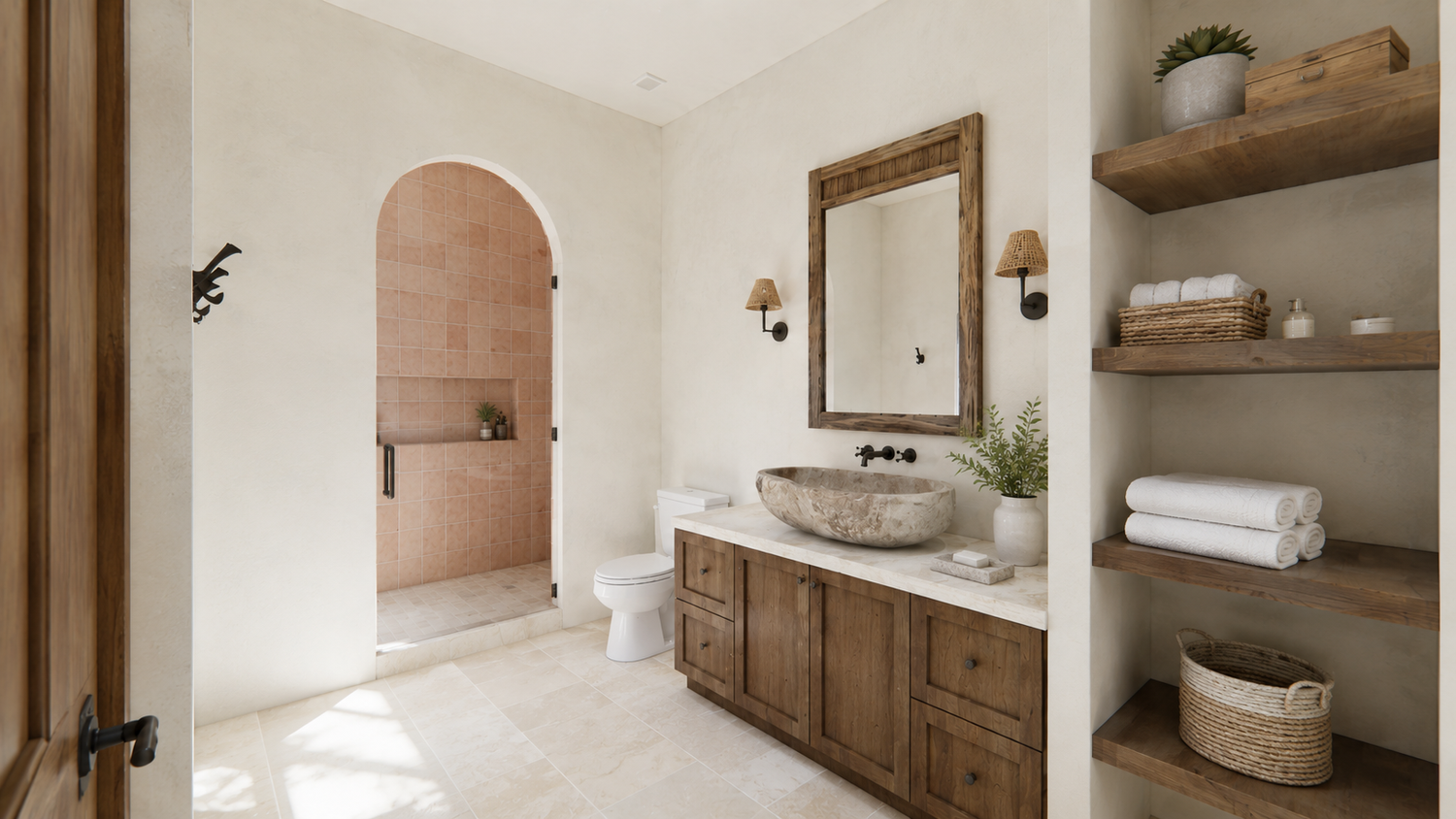 Primary bathroom with antique stone basin sink and reclaimed wood mirror