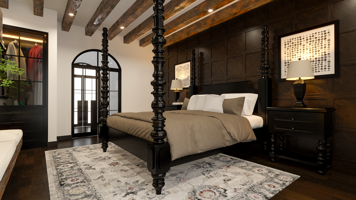 Master bedroom with four-poster bed and dark wood paneling