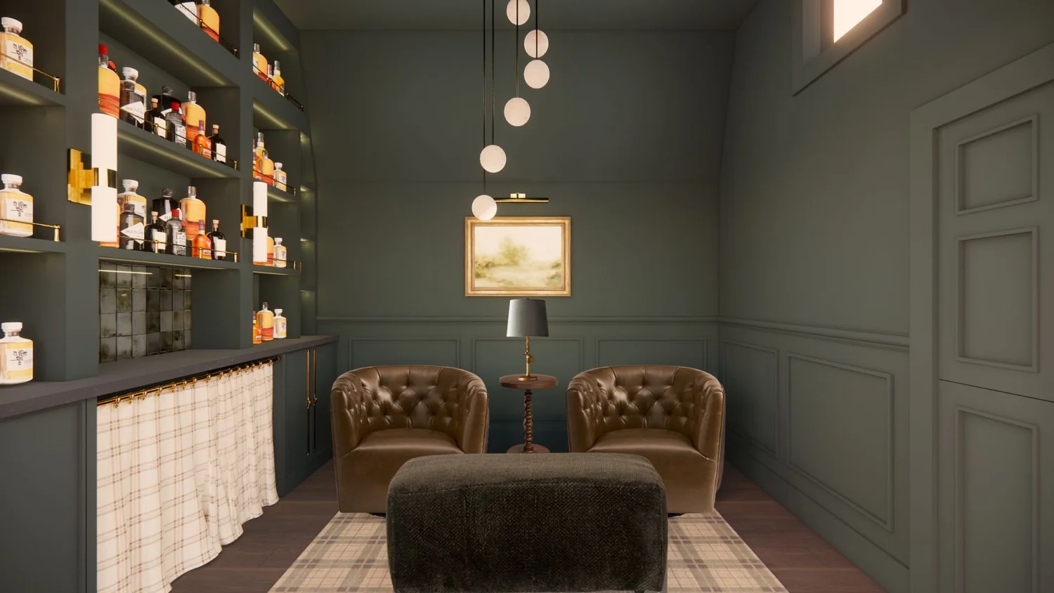 Jasper green color-drenched bourbon bar with custom symmetrical shelving and brass details