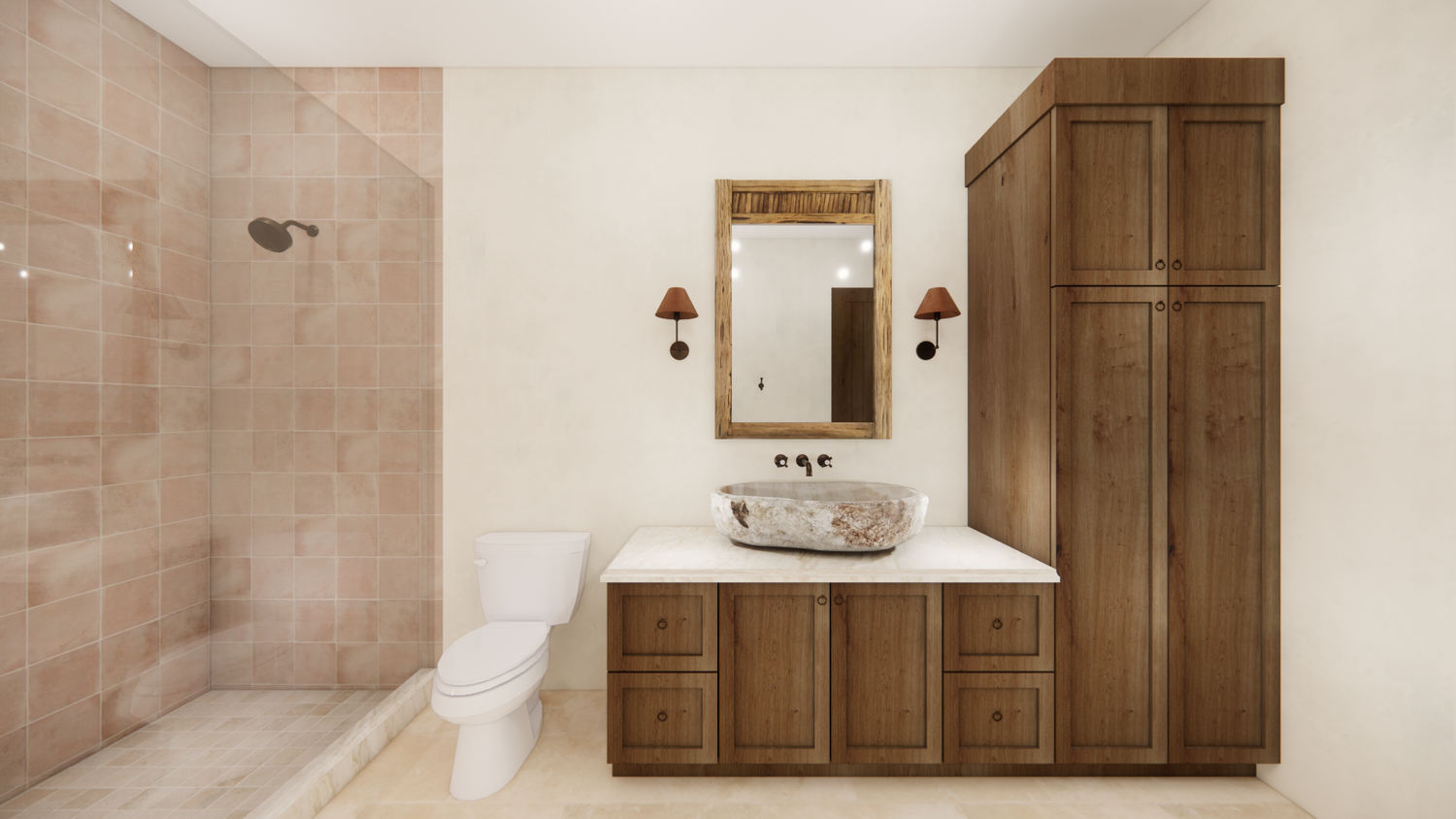 Primary bathroom vanity with antique stone basin sink from Round Top Antique Market