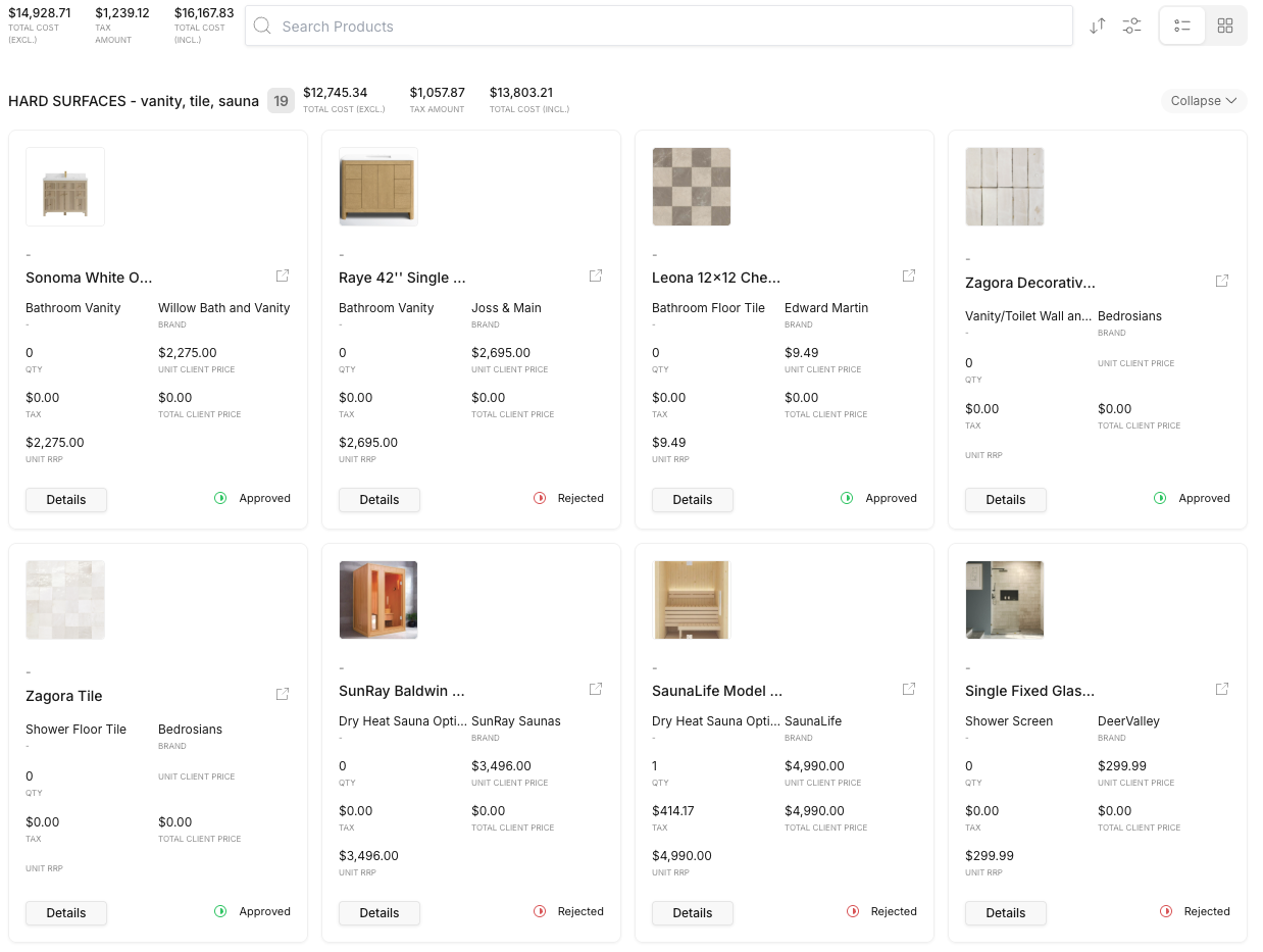 Screenshot of a quotation or invoice showing a list of bathroom and shower surfaces, including vanities, tiles, and sauna equipment, with prices and approval statuses.