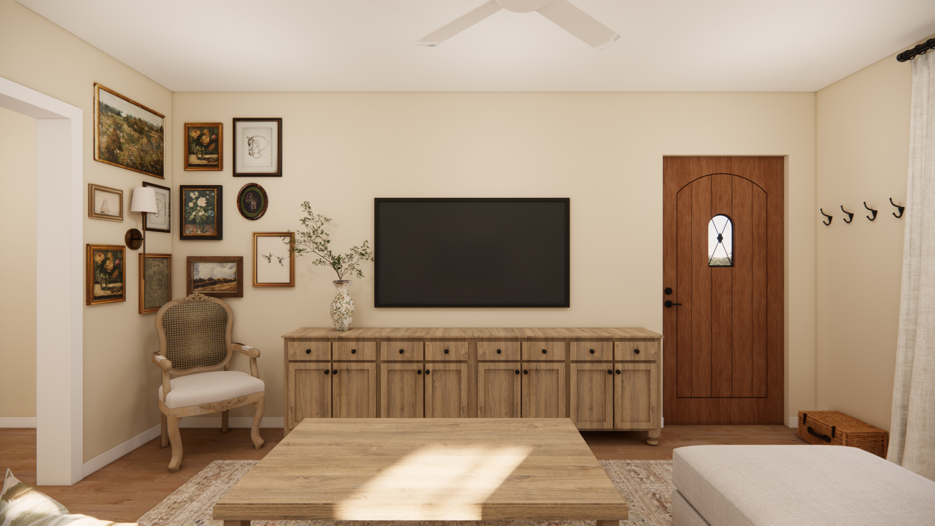 Warm wood tones and layered linen textures in historical Mesa bungalow living room renovation