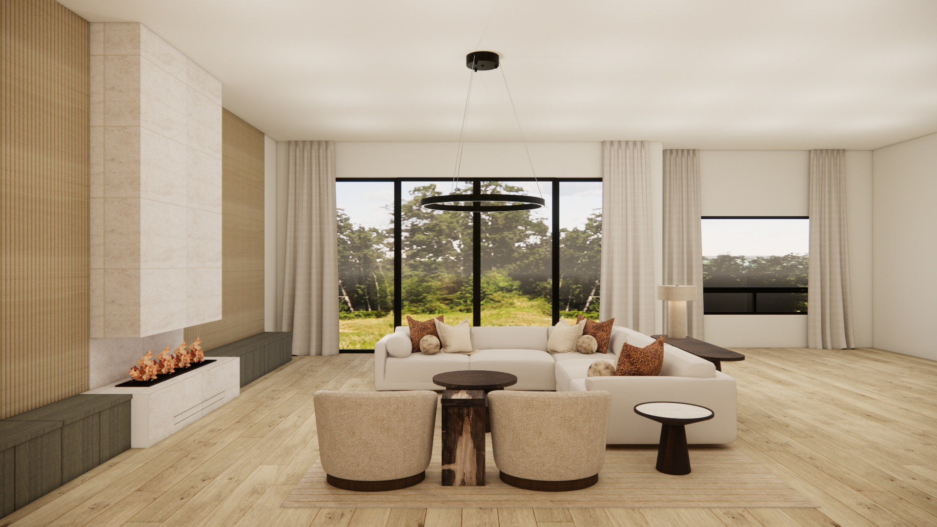  Modern Zen new build living room featuring neutral tones, minimalist furniture, soft textures, and balanced natural light for a serene contemporary atmosphere