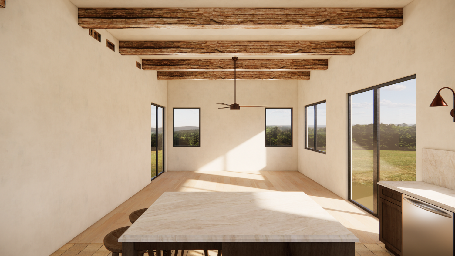 Living room with reclaimed timber ceiling beams and textured terracotta plaster walls