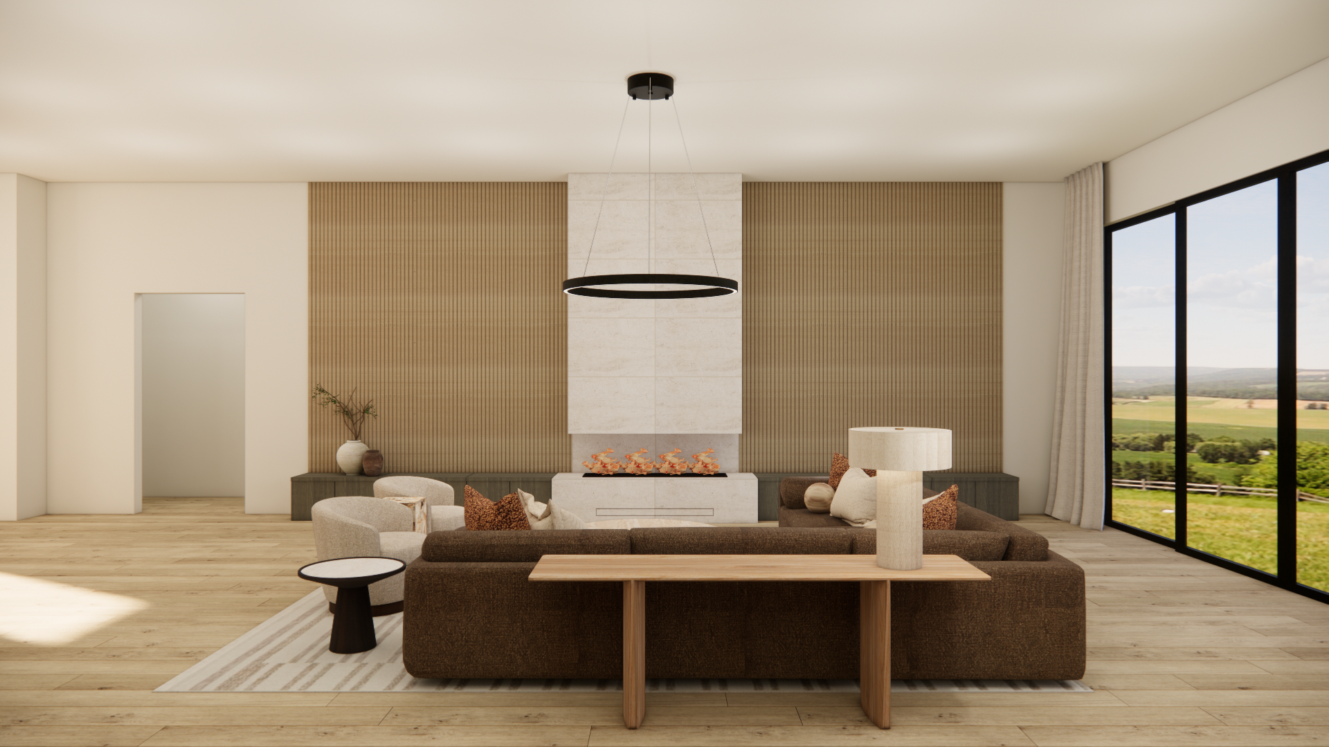  Modern Zen new build living room featuring neutral tones, minimalist furniture, soft textures, and balanced natural light for a serene contemporary atmosphere