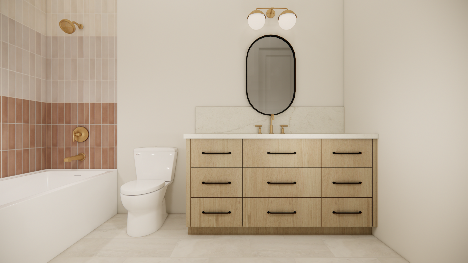  Modern Zen kids bathroom featuring simple tile work, warm wood accents, and functional storage within a calm minimalist design.