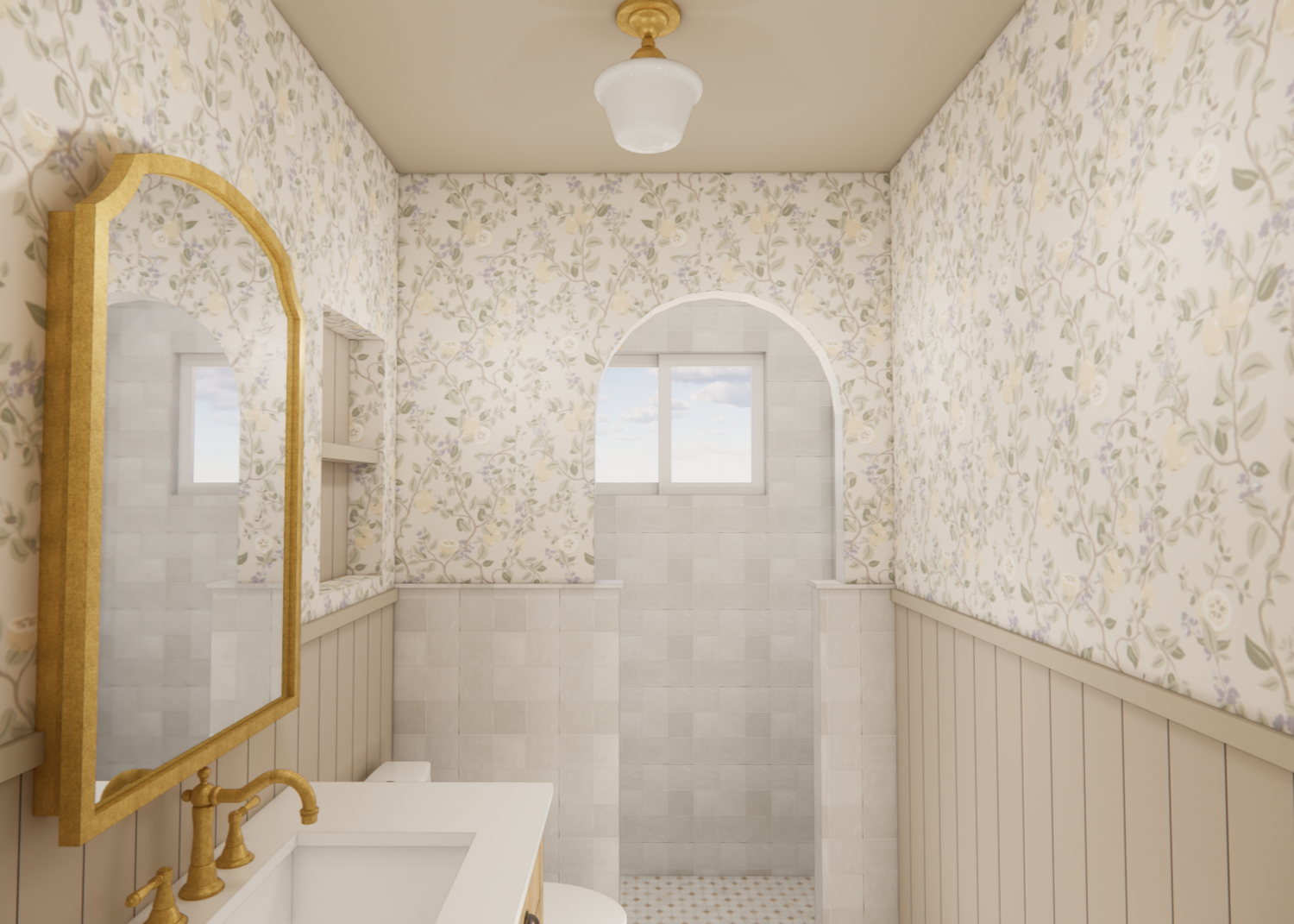 Bathroom showing vintage-inspired brass fixtures and floral wallpaper
