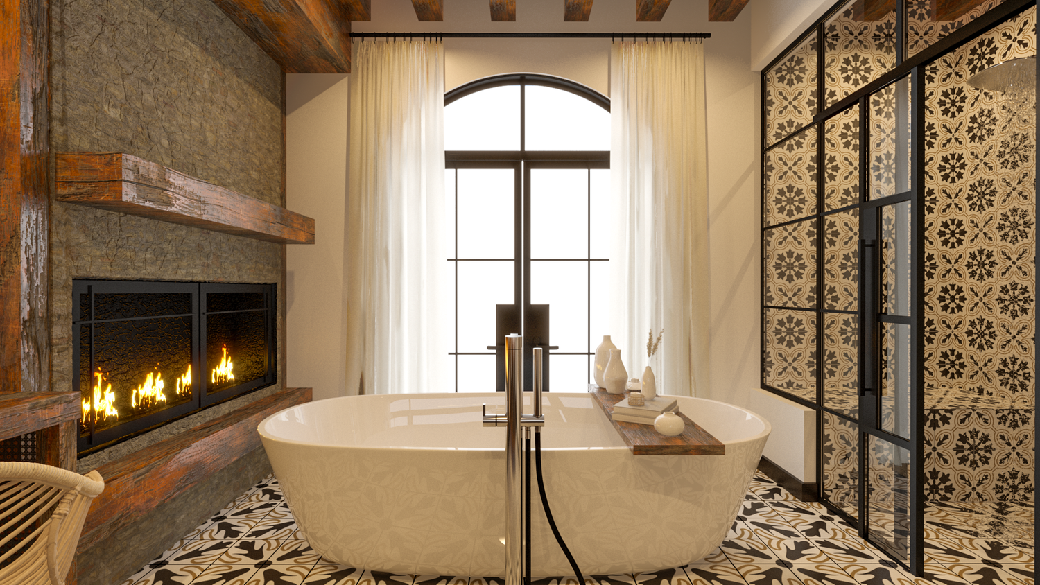 Master bathroom with arched window and dark wood vanity
