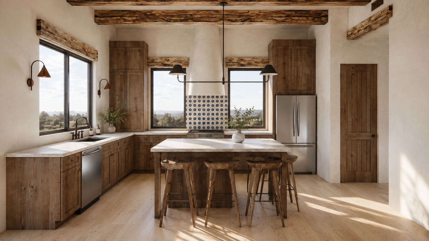 Kitchen with rich wood cabinetry and exposed timber headers