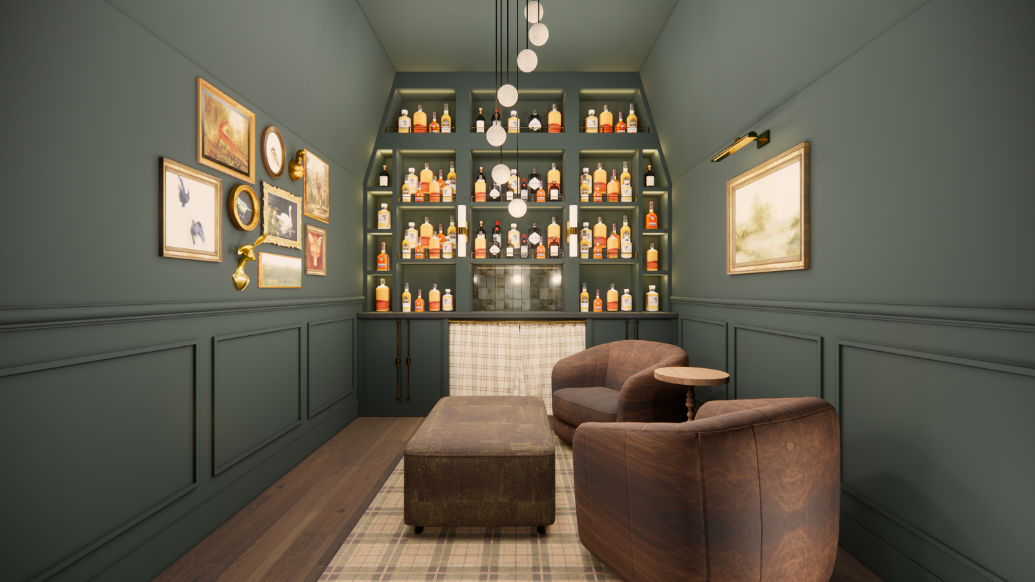 Eclectic gallery wall with vintage Art Deco frames against jasper green