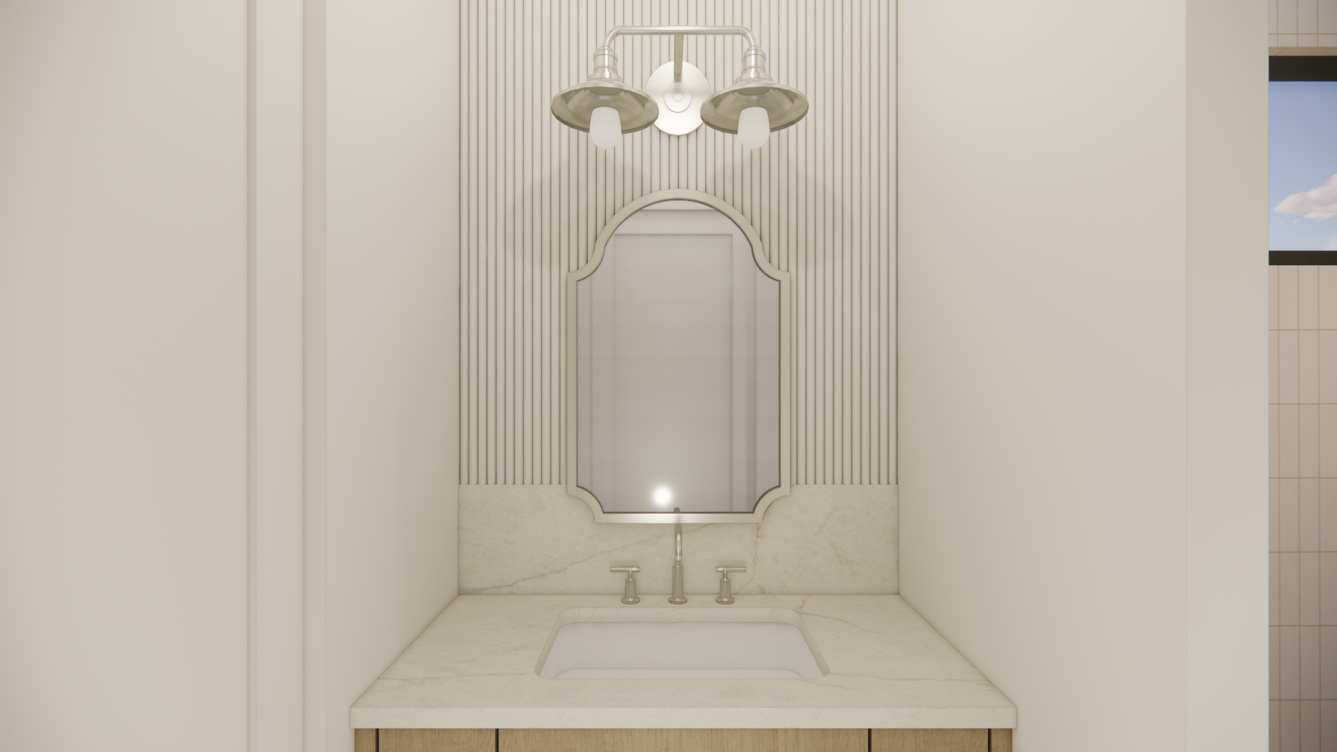  Modern Zen pool bath with clean-lined vanity, natural textures, soft neutral tile, and spa-inspired finishes in new construction home.