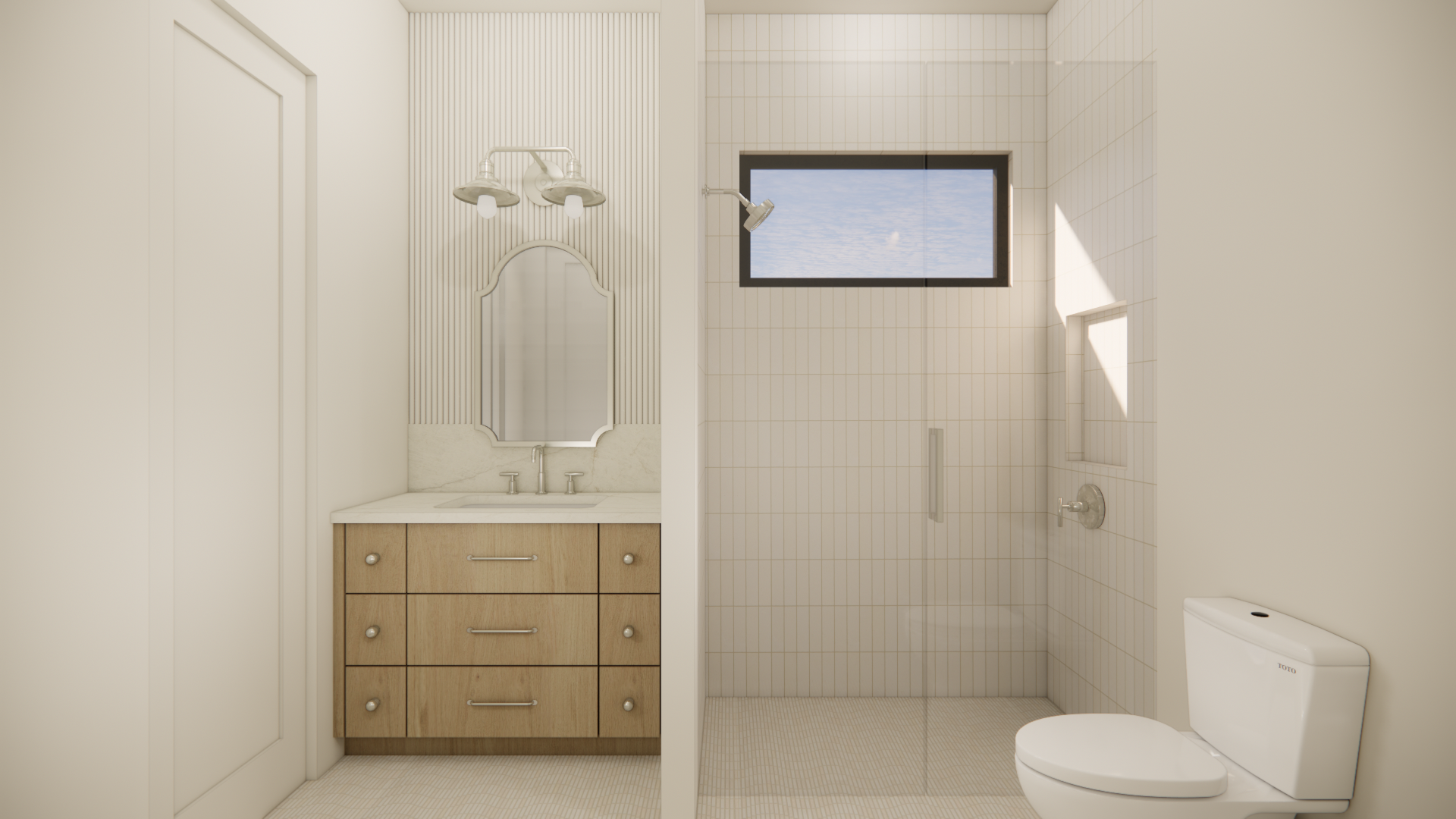  Modern Zen pool bath with clean-lined vanity, natural textures, soft neutral tile, and spa-inspired finishes in new construction home.