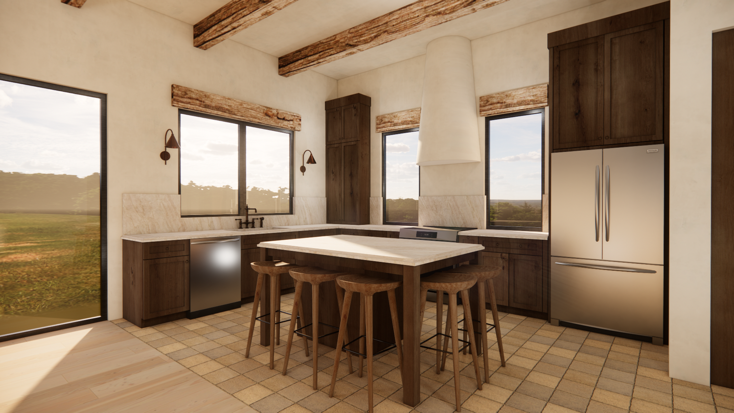 Kitchen with rich wood cabinetry and exposed timber headers