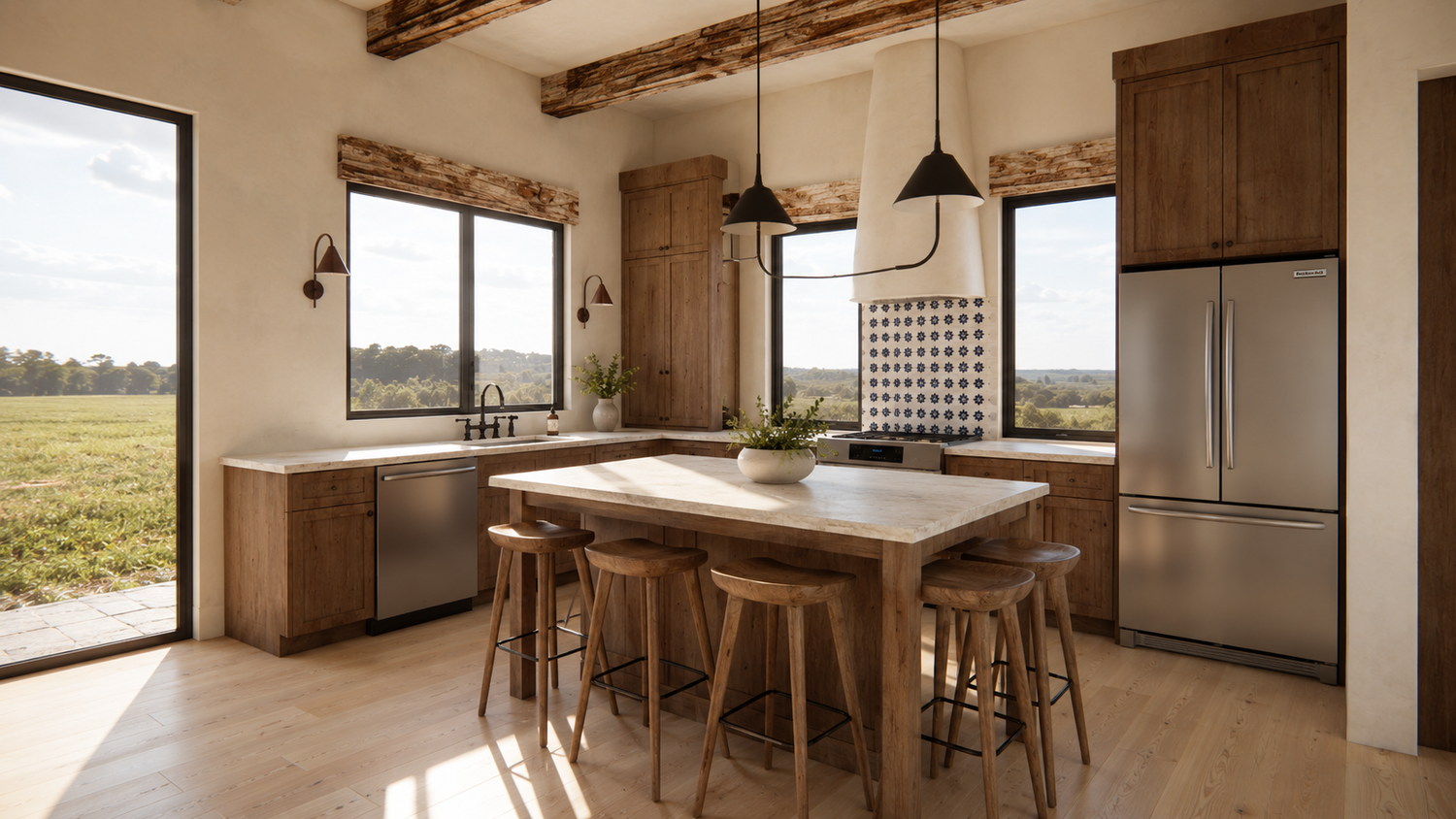 Rustic Western New Build kitchen with reclaimed timber ceiling beams and marble island